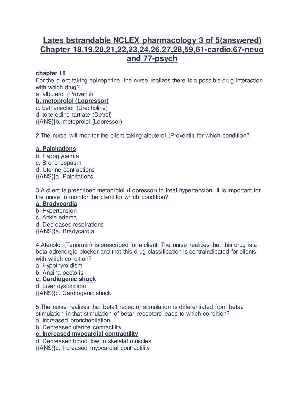 Preview of Lates bstrandable NCLEX pharmacology 3 of 5(answered) Chapter 18,19,20,21,22,23,24,26,27,2